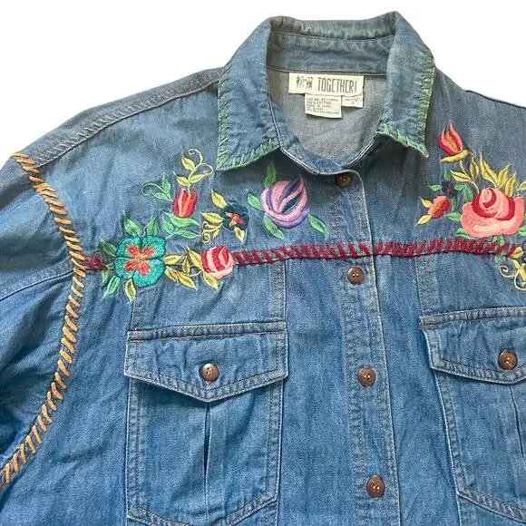 90s Vintage Oversized Western Denim Embroidered Flowers Cowgirl Cottagecore SM - Picture 3 of 10